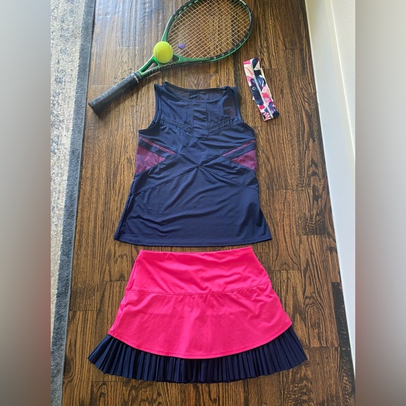 Lucky In Love pink and navy tennis/pickleball skirt and tank set